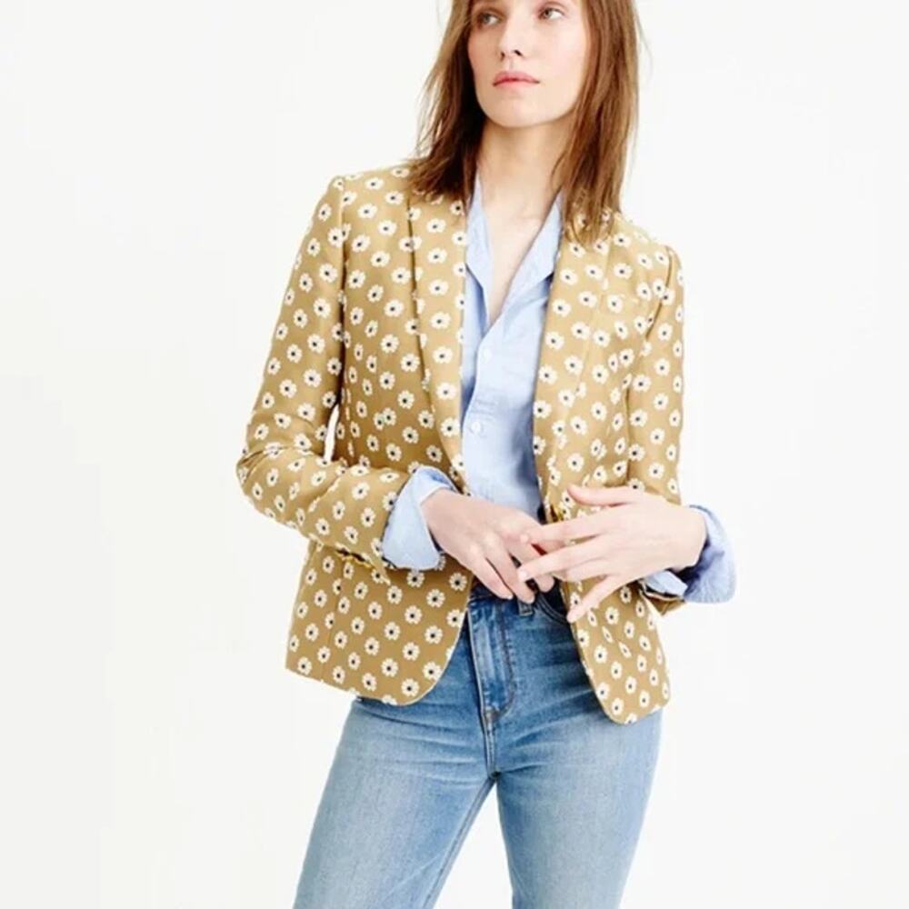 J. Crew Campbell Scattered Daisy Gold Floral Print Jacquard Gold Button Blazer 0